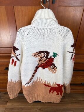 Vintage Cowichan Sweater Hand knit full zip Hunting Dog Pheasant cardigan